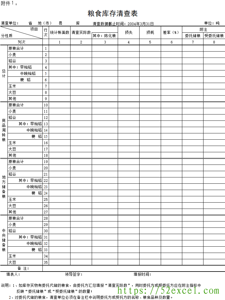 国家粮食局库存统计Excel模板